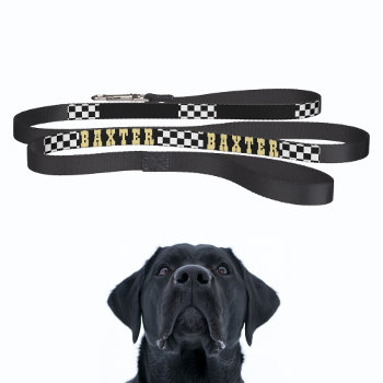 Modern Black White Checkered Dog Puppy Gold Name Pet Leash by iCoolCreate at Zazzle