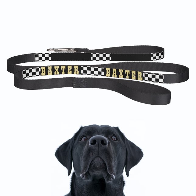 Modern Black White Checkered Dog Puppy Gold Name Pet Leash (Modern Black White Checkered Dog Puppy Gold Name Pet Leash)