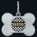 Modern Black White Checkered Gold Cat Dog Name Pet ID Tag<br><div class="desc">Create your own custom, personalized, bold faux gold rustic vintage western script / typography custom name at front and back, and retro cool chic stylish geometric trendy black white checkered chequered checks checkers pattern background, UV resistant and waterproof, burnished silver bone-shaped pet dog cat doggy puppy kitten kitty ID name...</div>