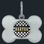 Modern Black White Checkered Gold Cat Dog Name Pet ID Tag<br><div class="desc">Create your own custom, personalized, bold faux gold rustic vintage western script / typography custom name at front and back, and retro cool chic stylish geometric trendy black white checkered chequered checks checkers pattern background, UV resistant and waterproof, burnished silver bone-shaped pet dog cat doggy puppy kitten kitty ID name...</div>