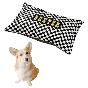 Modern Black White Checkered Gold Dog Cat Name Pet Bed