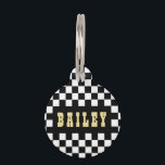 Modern Black White Checkered Gold Dog Cat Name Pet ID Tag<br><div class="desc">Create your own custom, personalized, bold faux gold rustic vintage western script / typography custom name at front and back, and retro cool chic stylish geometric trendy black white checkered chequered checks checkers pattern background, , durable, 100% recycled steel, pet dog cat doggy puppy kitten kitty ID name tag. Simply...</div>