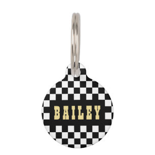 Modern Black White Checkered Gold Dog Cat Name Pet ID Tag