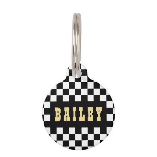 Modern Black White Checkered Gold Dog Cat Name Pet ID Tag