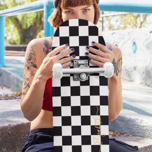 Modern Black White Checkered Gold Monogram Signed Skateboard