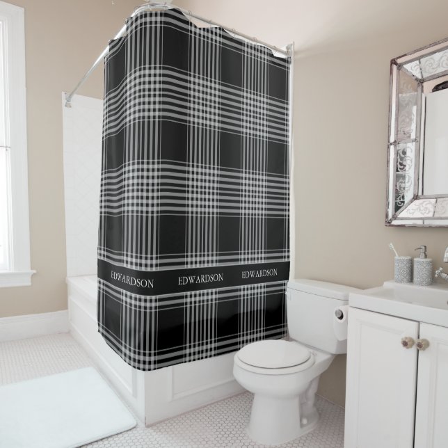 Modern black white checkered pattern monogram name shower curtain (In Situ)
