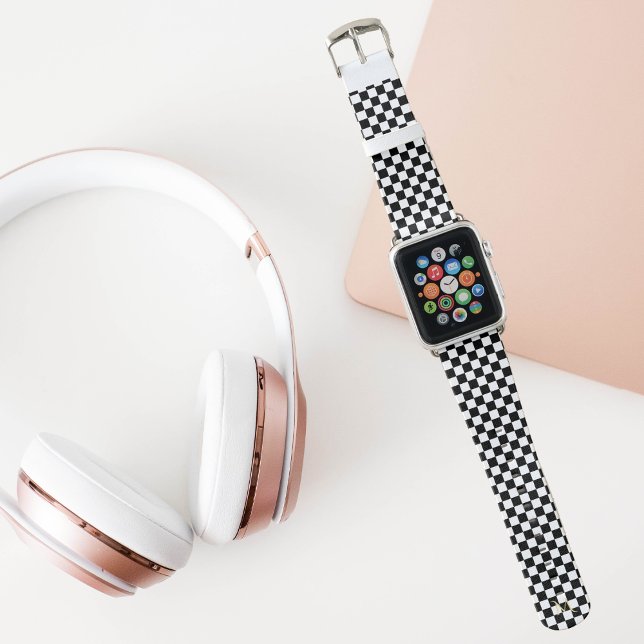 Modern Black White Checkered Pattern Monogrammed Apple Watch Band (Modern Black White Checkered Pattern Monogrammed Apple Watch Band)
