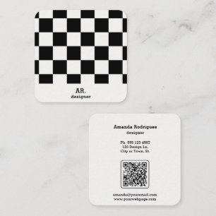 Modern Black White Checkered Qr Code Square Business Card