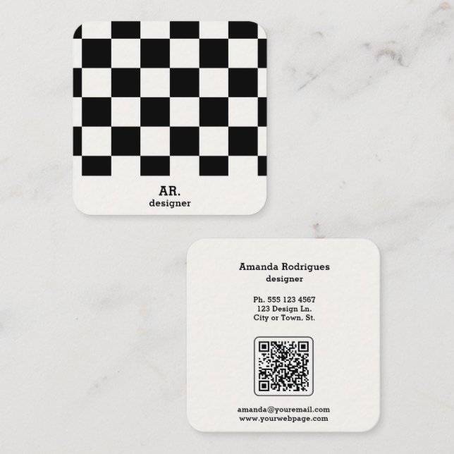 Modern Black White Checkered Qr Code Square Business Card (Front/Back)