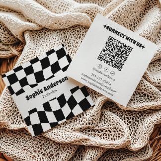 Modern Black & White Checkered QR Code Square Business Card