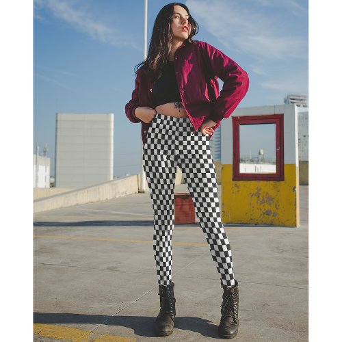 Modern Black White Checkered Racing Flag Pattern Leggings