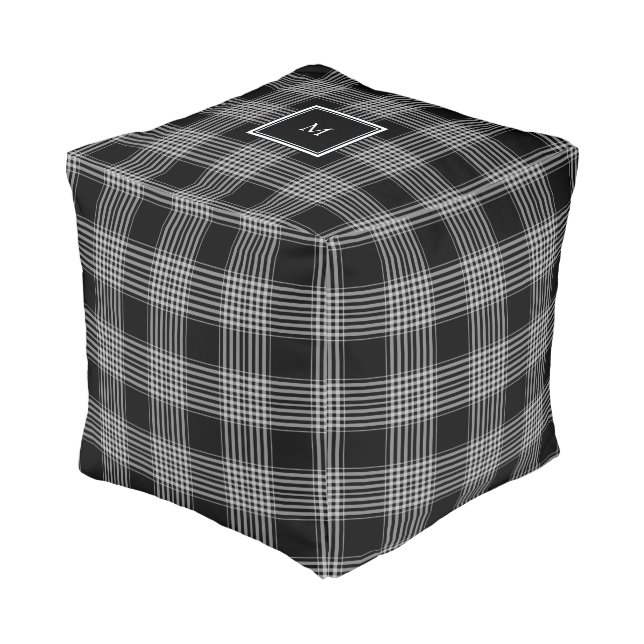 Modern black white checks buffalo plaid monogram pouf (Angled Front)