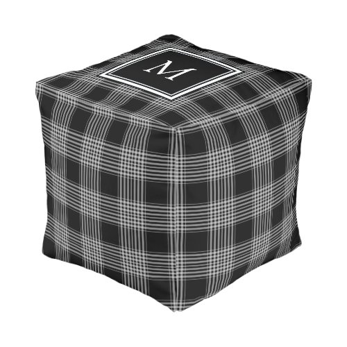 Modern black white checks buffalo plaid monogram pouf