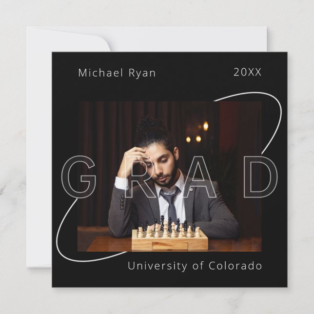 Modern Black White Chess 2x Photo Graduation Invitation (Front)