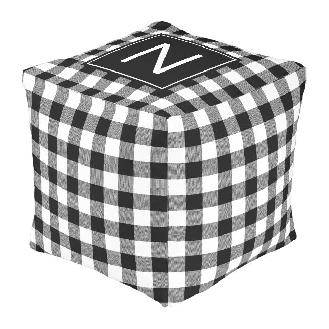 Modern Black White Chevron Buffalo Plaid Monogram Outdoor Pouf (Angled Front)