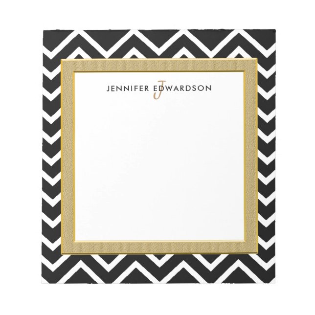 Modern black white chevron pattern monogram name notepad (Front)