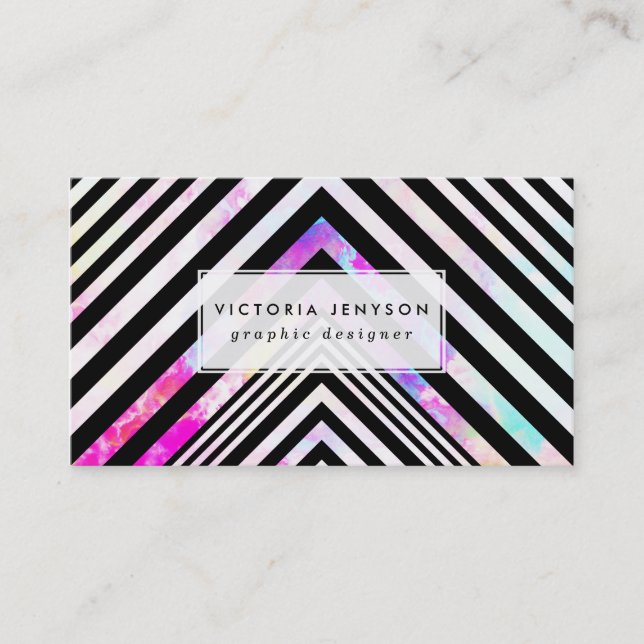 Modern Black White Chevron Pink Teal Clouds Nebula Business Card (Front)