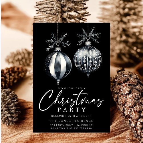 Modern Black  White Christmas Ornaments Party Invitation