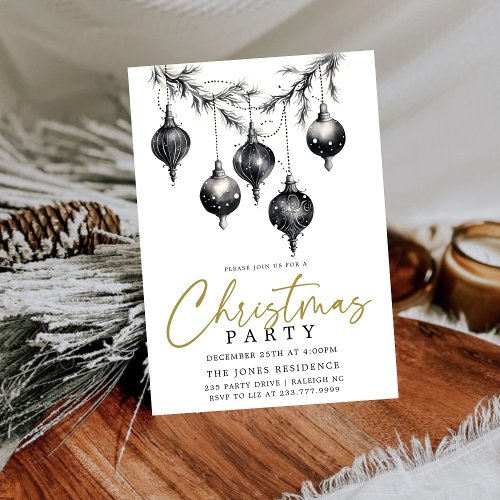 Modern Black  White Christmas Ornaments Party Invitation