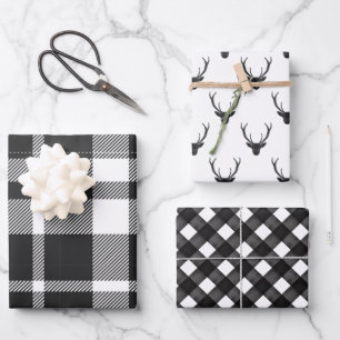Modern Black & White Christmas Plaid & Reindeer Wrapping Paper Sheets