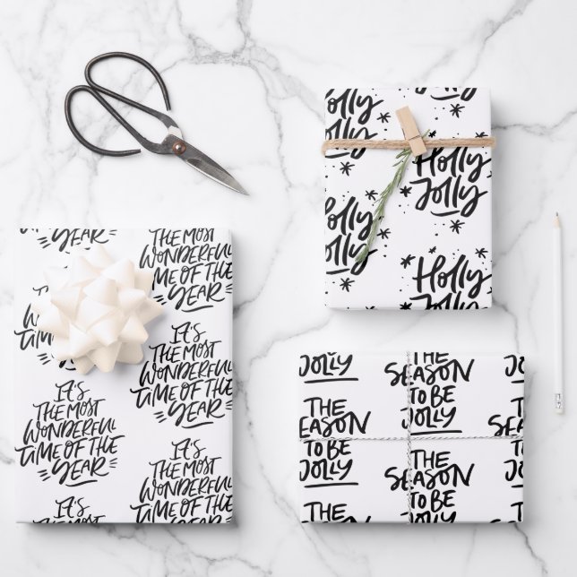 Modern Black & White Christmas Quotes Gift Wrapping Paper Sheets (Front)