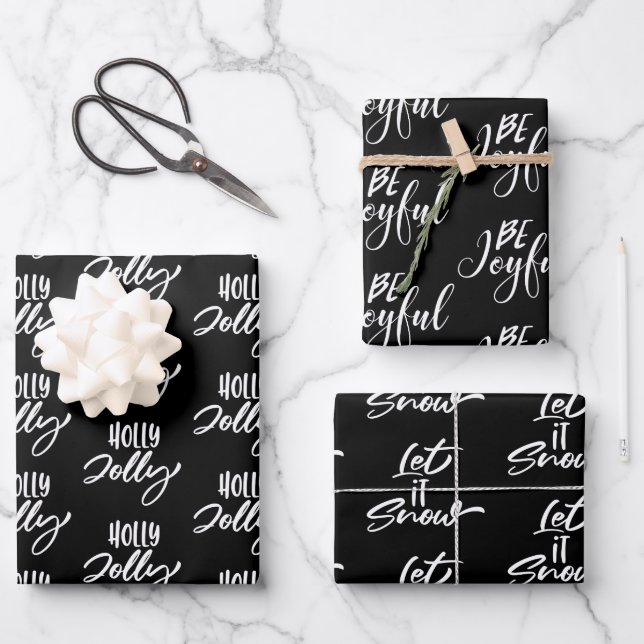 Modern Black & White Christmas Quotes Wrapping Paper Sheets (Front)