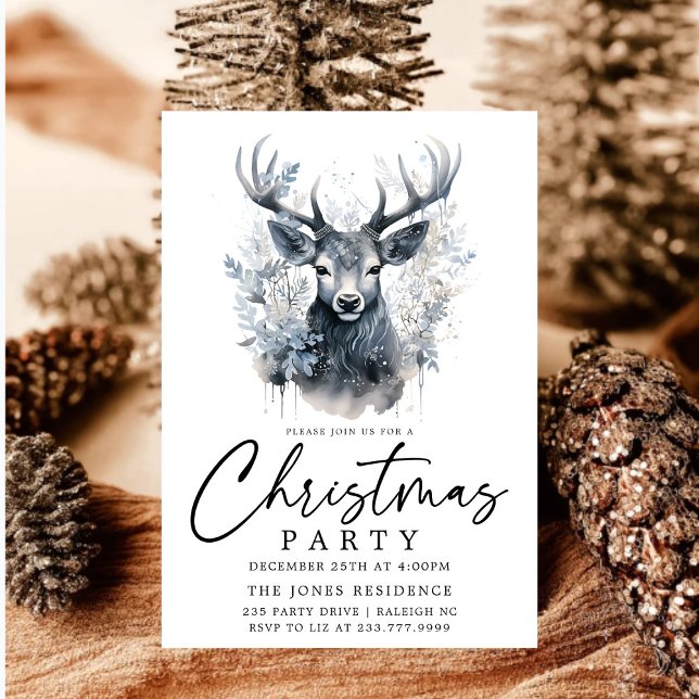 Modern Black & White Christmas Reindeer Party Invitation (Creator Uploaded)