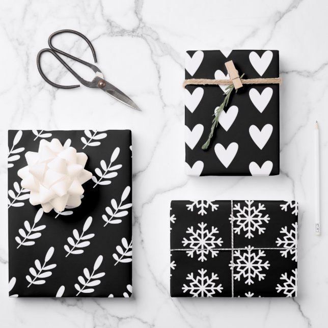 Modern Black & White Christmas Snowflake Heart  Wrapping Paper Sheets (Front)