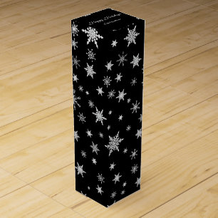 Modern Black White Christmas Snowflake Name Custom Wine Box