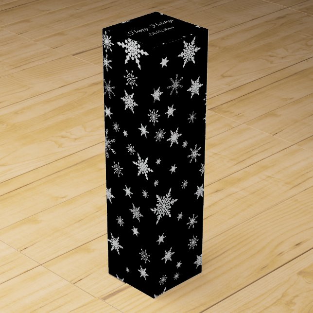 Modern Black White Christmas Snowflake Name Custom Wine Box (Front)