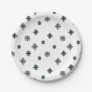 Modern Black & White Christmas Snowflakes Paper Plates