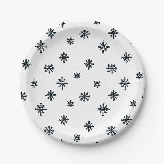 Modern Black & White Christmas Snowflakes Paper Plates (Front)