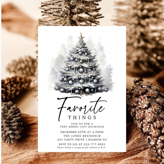 Modern Black  White Christmas Tree Favorite Things Invitation (Creator Uploaded)