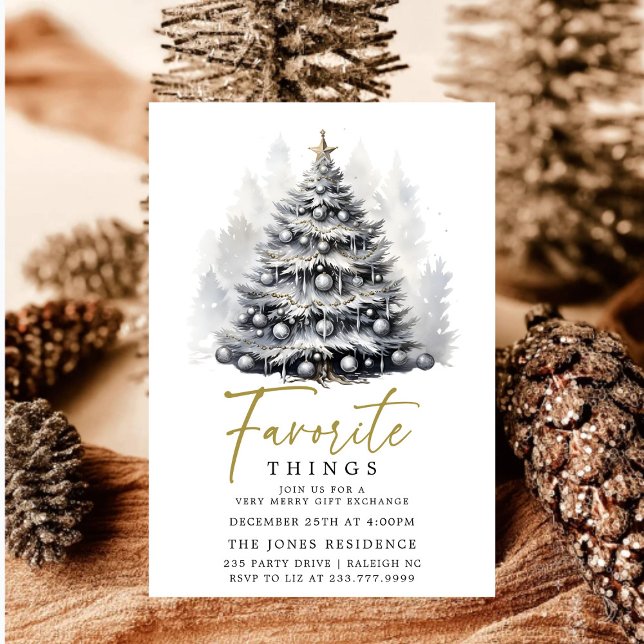 Modern Black  White Christmas Tree Favorite Things Invitation (Creator Uploaded)