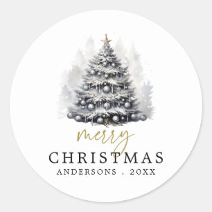Modern Black & White Christmas Tree Party Classic Round Sticker