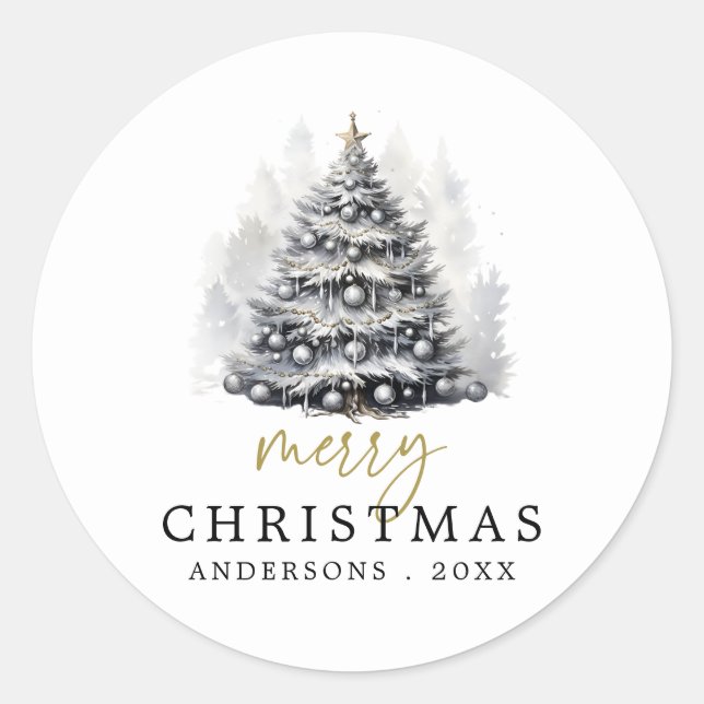 Modern Black & White Christmas Tree Party Classic Round Sticker (Front)
