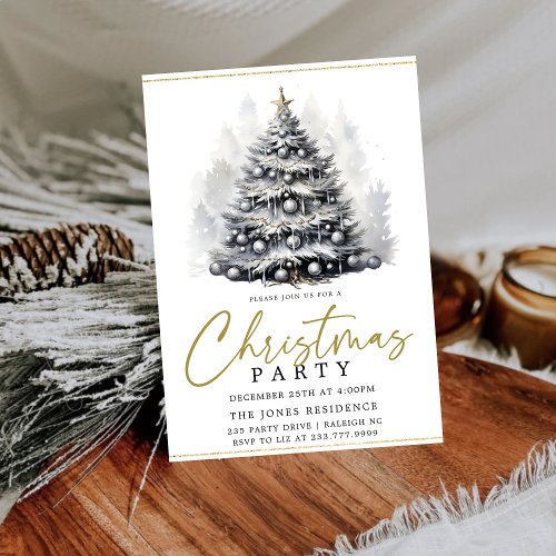 Modern Black  White  Christmas Tree Party Gold Invitation