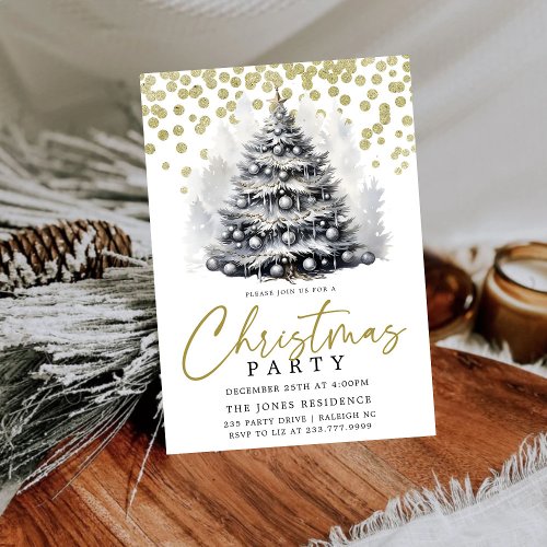 Modern Black  White Christmas Tree Party Invitation