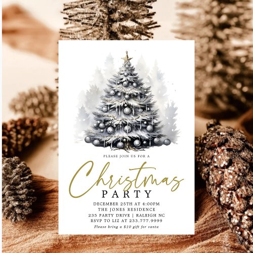 Modern Black  White Christmas Tree Party Invitation