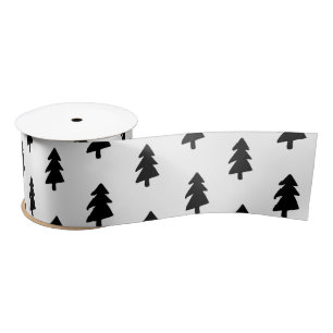 Modern Black & White Christmas Tree Pattern Satin Ribbon
