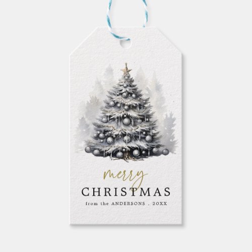 Modern Black  White Christmas Tree Plaid Gift Tags