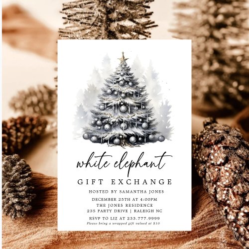 Modern Black  White Christmas Tree White Elephant Invitation