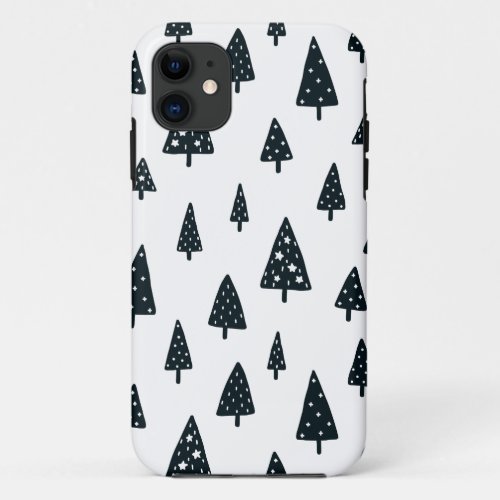 Modern Black  White Christmas Trees Pattern iPhone 11 Case