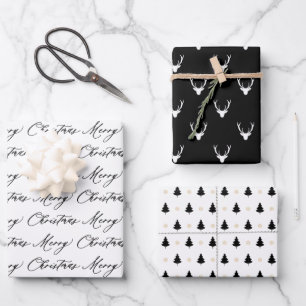 Modern Black & White Christmas Trees & Reindeer Wrapping Paper Sheets