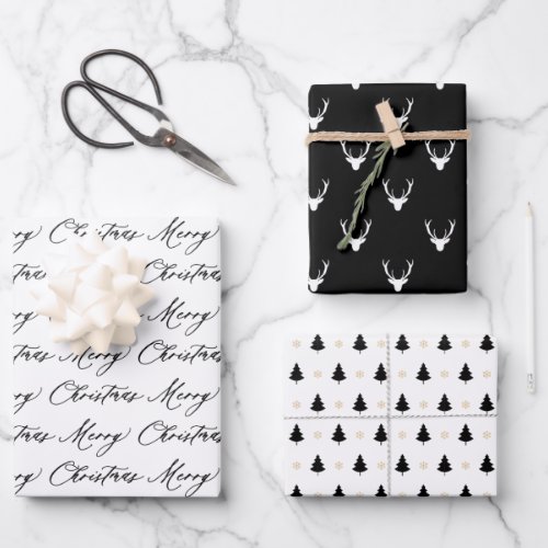 Modern Black  White Christmas Trees  Reindeer Wrapping Paper Sheets