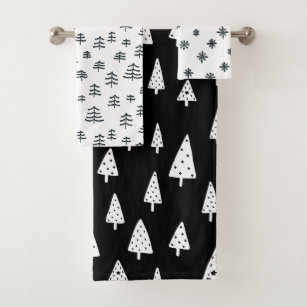 Whimsical Christmas Tree Snowflake White Black Bath Towel Set | Zazzle