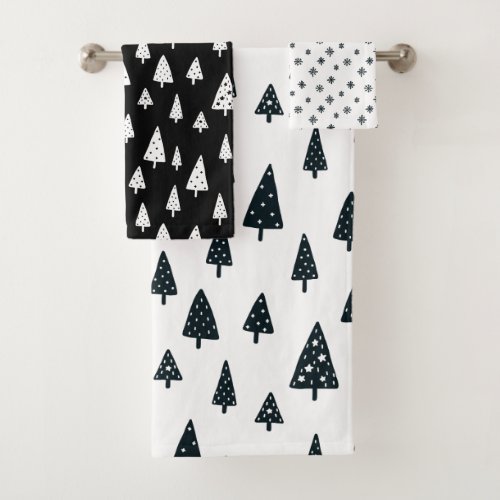 Modern Black  White Christmas Trees Snowflakes Bath Towel Set