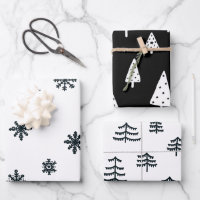 Modern Black & White Christmas Trees Snowflakes Wrapping Paper Sheets