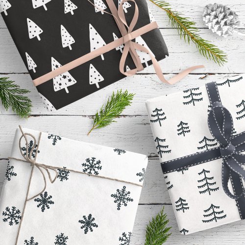 Modern Black  White Christmas Trees Snowflakes Wrapping Paper Sheets