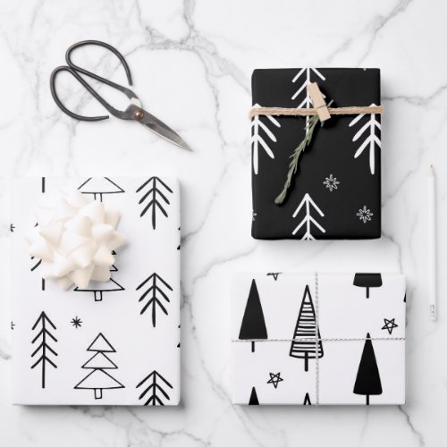 Modern Black  White Christmas Trees Stars  Wrapping Paper Sheets